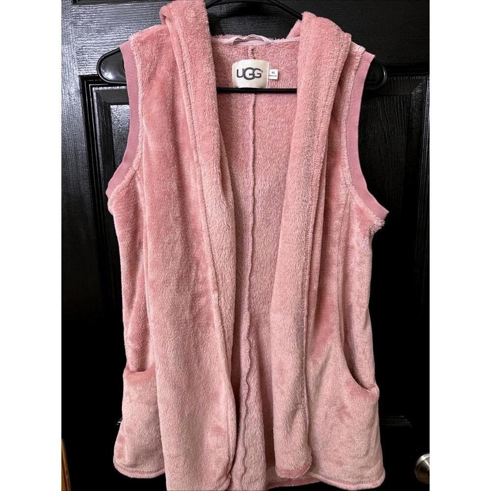 UGG Dusty Pink Plush Open Vest Cardigan Fleece Women Sz M/L Hooded Pockets Cozy